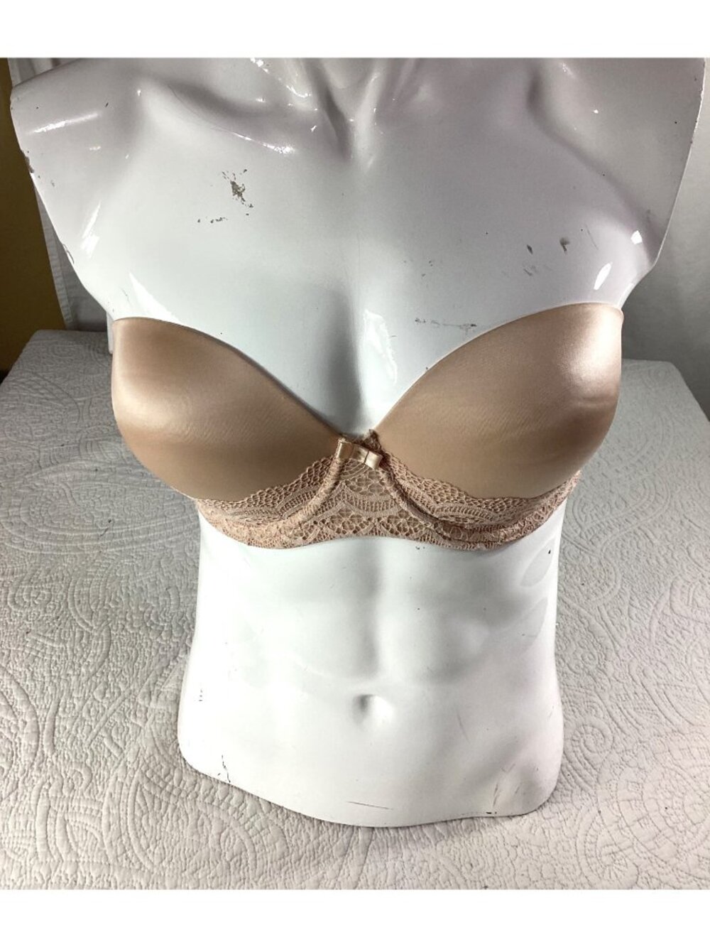 Auden Lace Bandeau Lightly Lined Sexy Plunge Push-Up Strapless Bra*Beige*38C*EUC